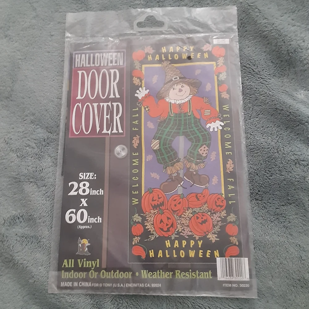 Vintage Halloween Scarecrow Fall Autumn Pumpkins Leaves Door Cover 28x60
